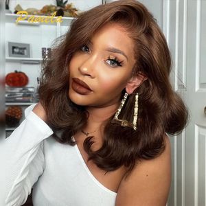 合成されるかつらの着用と行き、gluelleselesswig bob 13x6茶色のチョコレート色のゆるい深い波HD透明レース閉鎖人間の髪は230927まで準備ができています