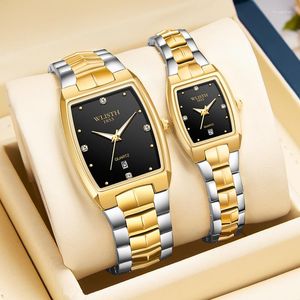 Relógios de pulso Sdotter Retangular Casal de Luxo Relógio Ouro Moda Amantes de Aço Inoxidável Relógios de Pulso de Quartzo para Mulheres Homens Data Analógica