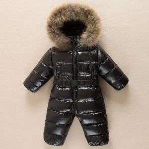 Rompers Russian Winter Baby Romper Real Fur Hooded Boy Thick Girl Infant Snow Clothes Down Jacket Kids Ski Suit Waterproof Parka XMP255 230927