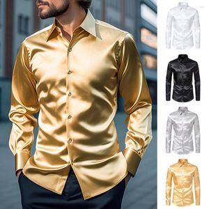 Camisas casuais masculinas homens camisa de manga comprida elegante seda-como cetim slim fit botão para baixo para negócios traje formal lapela