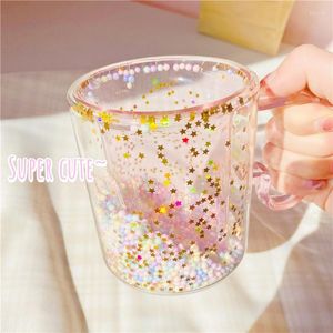 Vinglasögon svamp Garden Girl Heart Kawaii Bubble Star Sky Cup Sequin Double Wall Glass Coffee Heat Resistant Milk