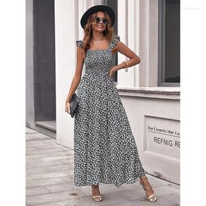 Casual Dresses Boho Floral Printed Maxi Women Summer 2023 Sleeveless Ruffles Square Collar Long Beach Dress Elegant Vestidos