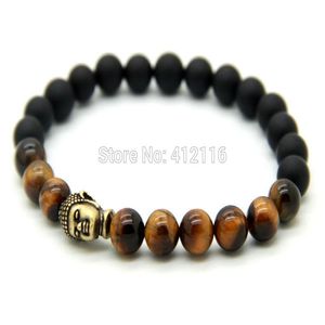 2015 novo design de joias inteiras 8mm contas de pedra de olho de tigre com ágata fosca antigo bronze yoga pulseiras de buda masculino bracelet263i