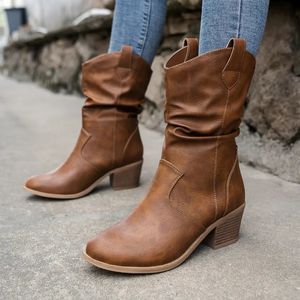 Stövlar Kvinnor Mid-Calf Plaged Western Cowboy Ankle Leather Slip On Female Shoes Outdoor Thick Low Heel Lady Pointed Boots 230928