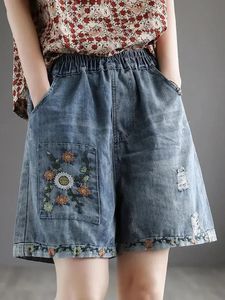 Women's Jeans Summer Vintage High Embroidery Denim Shorts S-3xl Hole Loose Women Fashion Elastic Waist Streetwear Wide Leg Pants 230928