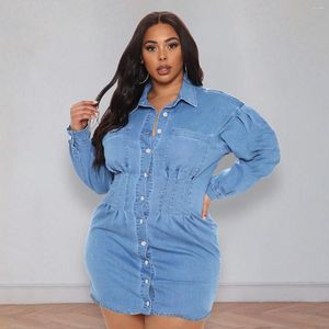 Casual Dresses 2023 INS High-end Denim Young Shirt Open Stitch Dress Office Lady Full Sleeve High Waist Women Skinny Short