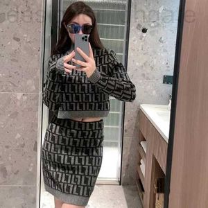 Women's Knits & Tees designer Early spring 2023 new fashion trend temperament celebrity double F jacquard high neck knitted top+short skirt two-piece set KBP5