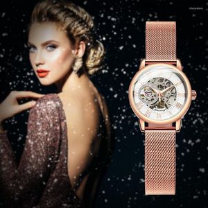 Relógios de pulso moda rosa ouro esqueleto relógio para mulheres mãos luminosas malha de luxo pulseira de aço inoxidável elegante senhoras mecânicas relógios