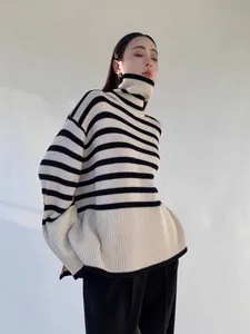 Design Sensation Blast Street Black and White Stripe Sweater for Women 2023 Autumn/Winter New Loose Outerwear Slouchy High Neck Knit