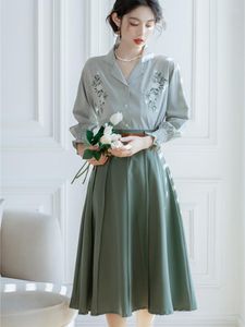 Work Dresses Modern Vintage Office Lady Outfits V-neck Long Sleeve Casual Shirt Tops & Elegant Midi Skirt Belt Woman 2 Piece Set Formal