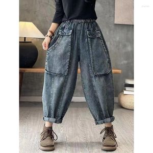 Women's Jeans 2023 Spring Autumn Arts Style Women Elastic Waist Vintage Blue Loose Big Pocket Design Cotton Denim Harem Pants P272