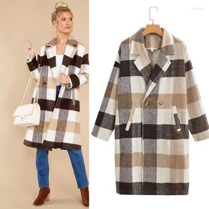 Women's Trench Coats 2023 Autumn Wear European And American Style Woolen Medium Long Double Breasted Plaid Coat Foreign Trade