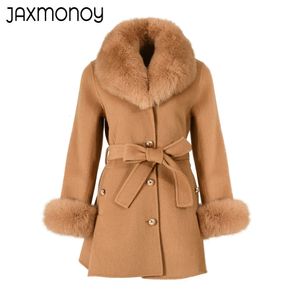 Mieszanki kobiet Jaxmonoy Cashmere Płaszcz Kobiety Prawdziwy futrzany kołnierz mankiety damskie jesienne zimowe wełniane mieszanka kurtka mody Pas szczupły odzież wierzchnia kobieta 230927