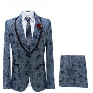 Herrenanzüge Blazer Terno Masculinos Completo Denim Blue Jacquard Floral Herren Hochzeitsanzüge Herren Smoking und Revers 2 Stück Jacke Hose Slim 230927