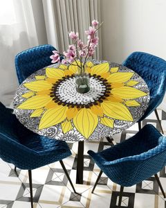 Table Cloth Sunflower Mandala Black White Round Elastic Edged Cover Protector Waterproof Polyester Rectangle Fitted Tablecloth