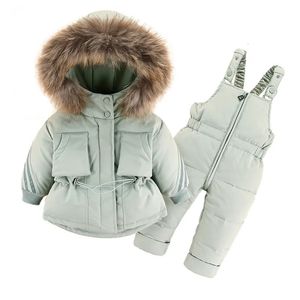 Down Coat Winter totalt för barn Kläder Set 30 grader Down Jacket Jumpsuit Baby Boy Parka riktig pälsflicka Toddler Tjocka varma snöar 230927