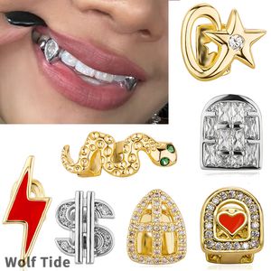 18k guld singel grillz hängslen hiphop ised kubik zirkonia pentagram tänder tandläkare munnen fang grillar tand mössa halloween party vampyr rappare kropp smycken grossist