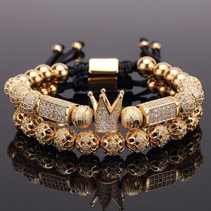 2 pçs / conjunto charme luxo pulseira de ouro masculino contas de aço inoxidável coroa cz zircão trançado feminino pulseira presente dos namorados d266k