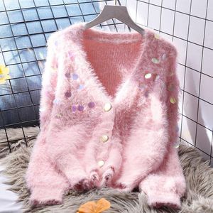 Damenpullover Korejepo Paillettenpullover Rosa Sanfter Stil Lose Herbst Winter Japanischer Mantel Modische Outwear Strickjacke