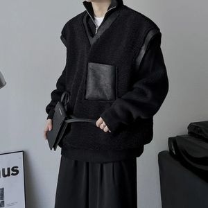 Herrvästar houzhou fleece västjacka Men koreansk svart läder sammet lapptäcke päls kappa ärmlös mörkkläder höst vinter gamla pengar 230927