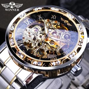 Другие часы Winner Прозрачные модные бриллиантовые светящиеся механизмы с механизмом Королевского дизайна для мужчин Лучший бренд класса люкс Мужские механические наручные часы со скелетом 230927
