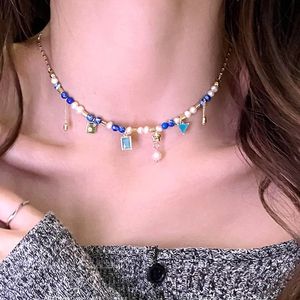 Ожерелья с подвесками в Корейском стиле, синее ожерелье из пресноводного жемчуга Klein, женское ретро-стиль Ins, женские модные украшения 230928