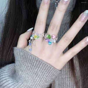 Cluster Ringe Y2k 90er Jahre Ästhetik Bunte Kristall Perlen Quaste Ring für Frauen Süße süße Girly Charme elastische koreanische Modeschmuck Geschenk