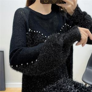 Women's Sweaters Bright Silk Sweater Women Loose Pullovers Thin Bead Black Tops O-neck Long Sleeve Items Clothes For