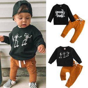 Pagliaccetti Halloween Autunno Casual Bambino Bambini Ragazzi Vestiti Set Lettere Stampa scheletro T-shirt a maniche lunghe Pantaloni con coulisse 0 3Y 230928