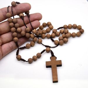 Pendant Necklaces Brown Wood Bead Religious Catholic Crucifix Necklace Bracelet Set First Communion Gift Inspirational Cross For Prayer