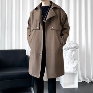 Men's Wool Blends Autumn and Winter Solid Color Mediumlength Tweed Coat Fashion Trend Casual Youth Lapel Warm 230927