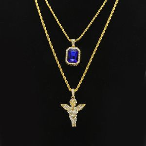 Mens Hip Hop -smycken sätter mini Square Ruby Sapphire Full Crystal Diamond Angel Wings Pendant Gold Chain Halsband för manlig hiphop 282d