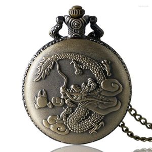 Relógios de bolso steampunk relógio de quartzo bronze retro chinês zodíaco dragão com colar corrente estilo antigo charme presentes homem mulher relógio