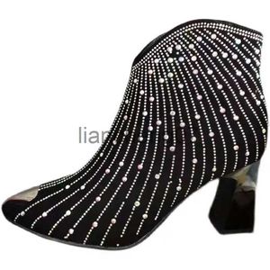 Ботинки Meteor Rhinetstone Женские черные сапоги Сапоги на высоком каблуке с острым носком Ботинки с боковой молнией Обувь на платформе Ковбойские сапоги для женщин x0928