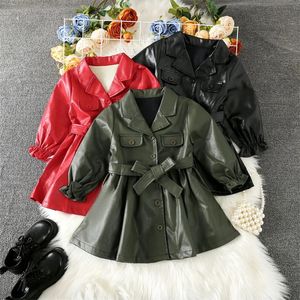 Ceketler Kız Elbiseleri Çocuklar Kızlar Pu Deri Kemeri Bel A-Line Kavur Uzun Kollu Kat Çocuklar Bahar Sonbahar Sıradan Giysileri 2-7 Yıl 230928