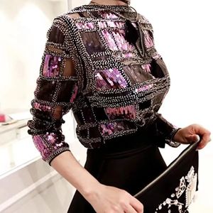 Women's Blouses Shirts Autumn Runway Women Plaid Sequined Blouse Purple Shiny Long Sleeve Spring Summer Blouses Shirt Woman Beading Party Tops 88807# 230927