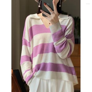 Women's Sweaters Worsted Superfine Wool Against Color Striped Knitted Sweater Pullover Long Sleeve Loose Polo Lapel Thin Model Leggings T