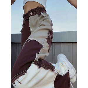 Streetwear Women Loose High Waist Straight Jeans Fashion Brown Patchwork Casual wide leg Denim Pants Washed Vintage Trousers