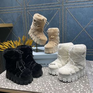 Plaque Boots Moon Fashion Pradda Knöchel Ski Schnee Shearling Prad Pumps Bootie Round Toe Top Boot Damen Luxus Designer Qualität Spitze Nylon Up Schuhe Fabrik Footwe WJNH