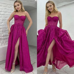Sexy Rosy Red Prom Dresses Glitter Sweetheart Sequins Evening Dress Ruffle Split Formal Long Special Occasion Party dress