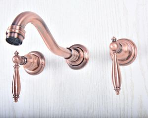 Bathroom Sink Faucets Antique Red Copper Mixer Tap Faucet Dual Handles 3 Holes Wall Mounted Zsf502