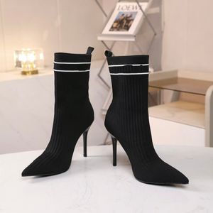 Luxury Brand Womens Ankle Boots High Heel 10.5CM Fly Woven Stretch Fabric Winter Stiletto Shoes Size 35-42