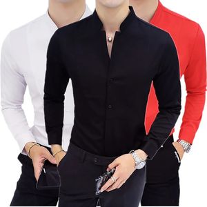 Camisas de vestido masculinas Preto Único Breasted Stand Collar Camisa Moda Slim Fit para Homens WeddingParty Top Camisa Vermelho Branco 230927