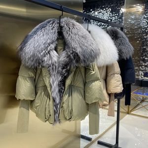 Parkas Femme Janveny hiver femmes manteau bouffant blanc canard doudoune Super grand réel argent col de fourrure mode femme Parkas vêtements d'extérieur 230927