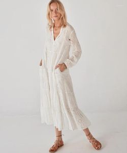 Günlük elbiseler Ayualin Vintage Pamuk Çiçek Nakış V Boyun Uzun Kollu Yaz Plajı Vestidos Boho Out Dantel Elbise Kadınlar İçin