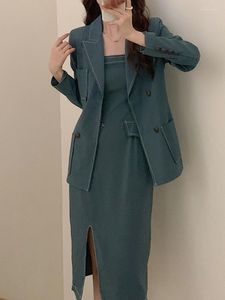 ワークドレスブルーブレザードレス女性2023秋のファッションツーピース長袖ダブルブレストコートスリムスリットレッグスパゲッティストラップ