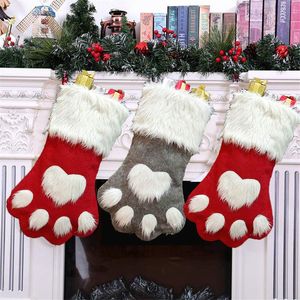 18inch Pet Dog Cat Paws Plush Christmas Stocking Ornaments Plush Flannel Xmas Tree Gift Bags Red Hanging Fireplace Socks Family Holiday Christmas Decorations