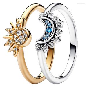 Cluster Rings Original 925 Sterling Silver Golden Shine Celestial Blue Sparkling Moon And Sun Ring With Crystal For Women Diy Jewelry