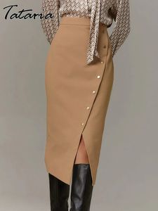 Tvådelt klänning khaki wrap kjolar för kvinnor vår eleganta enkla knappar slits en linje midi kjolar svart sexig smal hög midje bodycon kjol 230927