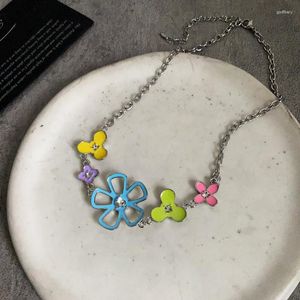 Choker Trendy Bunte Blume Strass Halskette für Frauen süße süße Charme ästhetischer Schlüsselbeutel Kette Y2K Modeschmuck